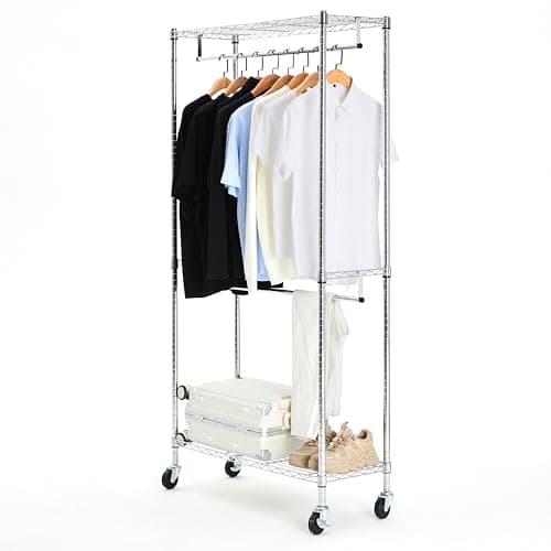 Amazonベーシック ハンガーラック 2段 洋服ラック 耐荷重181kg 頑丈 キャスター付き 棚付き, 幅91.4 x 奥行35.6 x 高さ182.9 cm シルバー