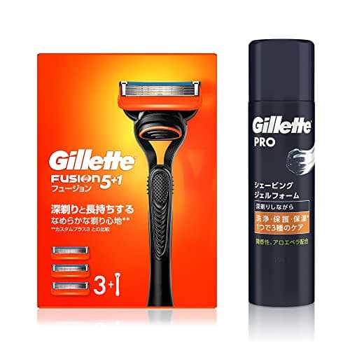 Gillette ジレット フュージョン マニュアル 本体(替刃3コ付)+シェービングジェルフォーム 195ｇ【セット買い】敏感肌用 髭剃り カミソリ 男性 メンズ 【Amazon.co.jp限定】