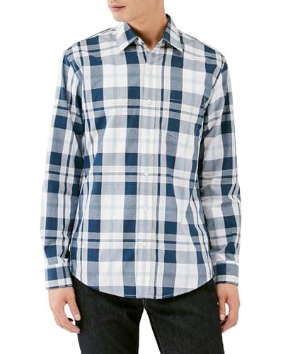 [Amazon Essentials] ポプリンシャツ ワイシャツ レギュラーフィット カジュアル 長袖 メンズ ホワイト ネイビー ラージチェック柄 L